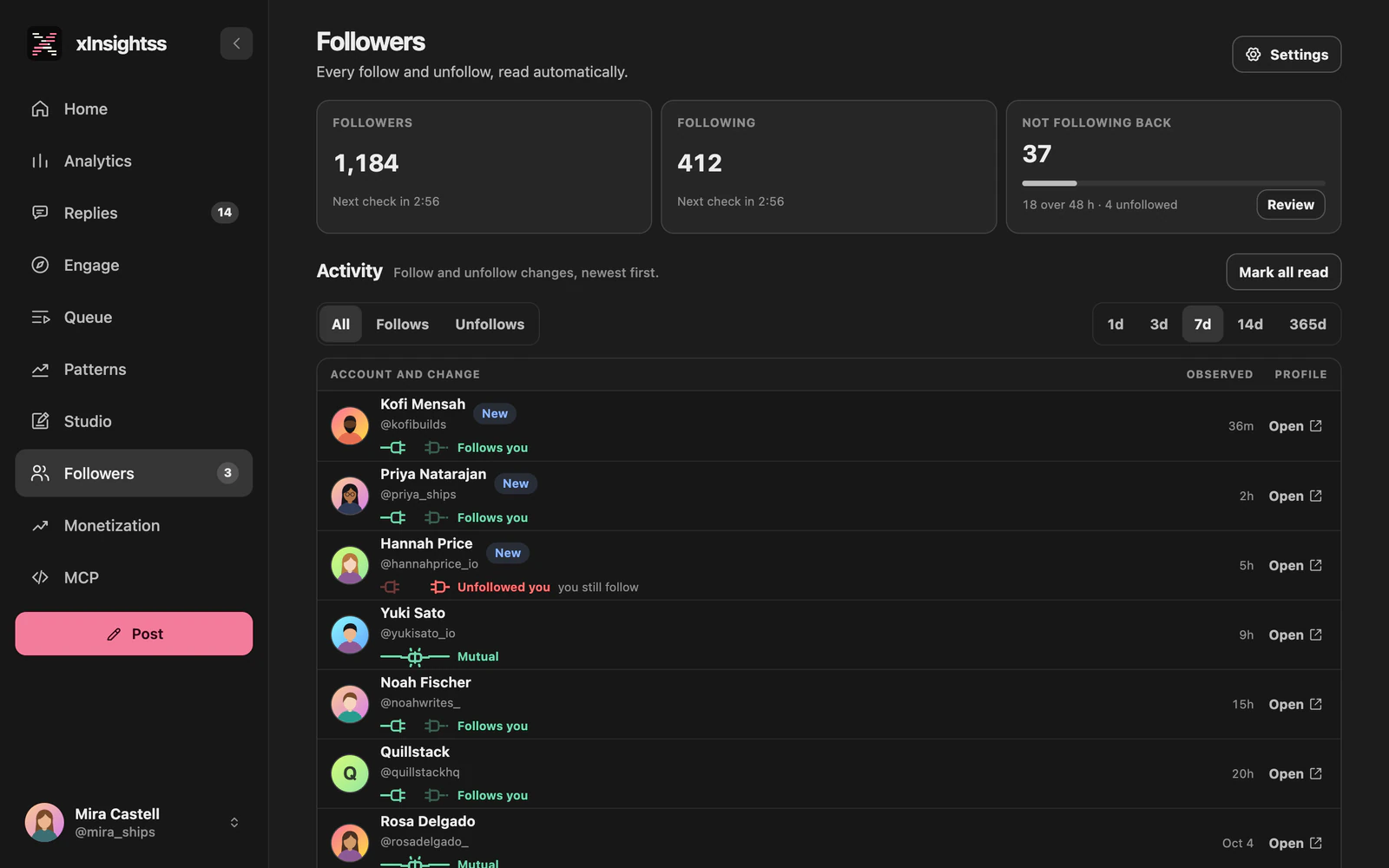 xInsightss Followers on a demo account: follower, following and not-following-back counts above a dated list of recent follows and unfollows.