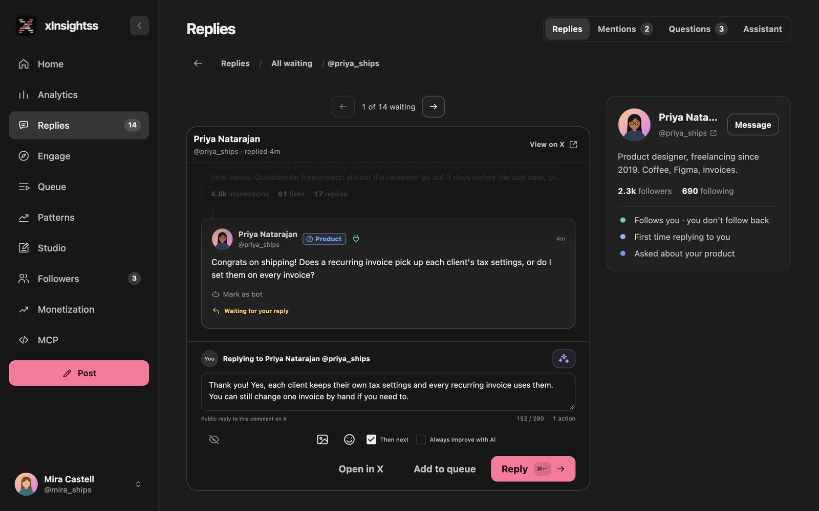 xInsightss Replies on a demo account: the first of 14 waiting replies open, a question about the product, with a short reply drafted below it and a card about who asked.