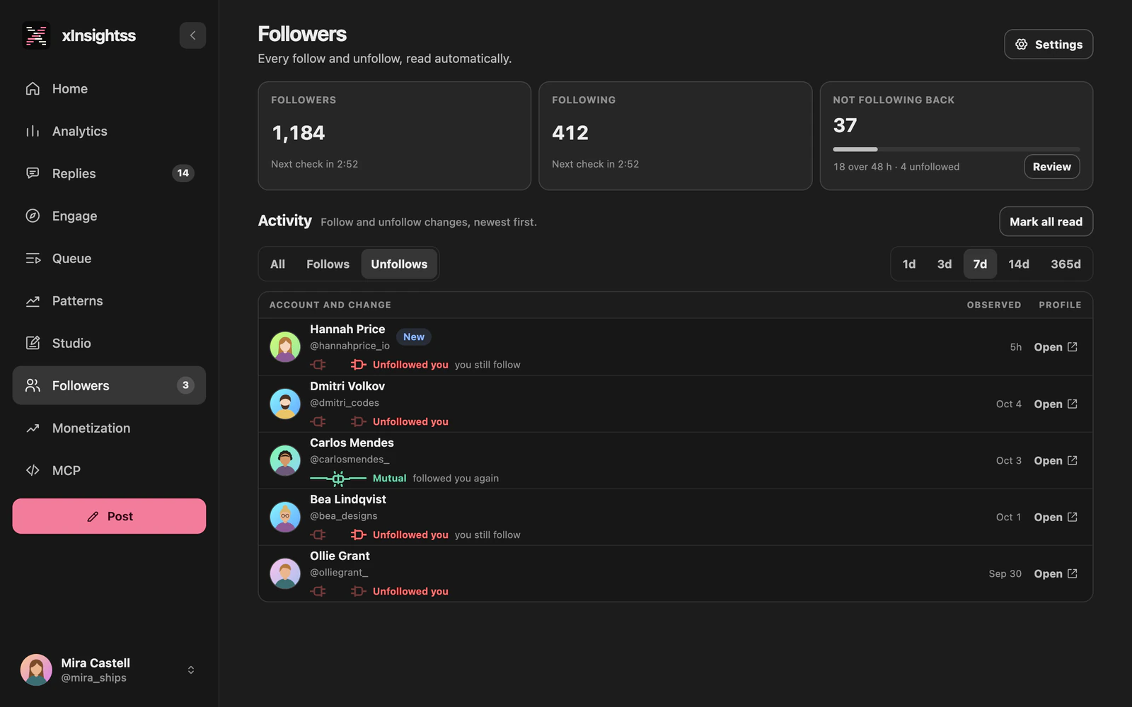 xInsightss Followers filtered to unfollows on a demo account: who unfollowed in the last 7 days and when, and whether you still follow them.